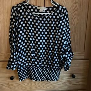 Black and white gathered polka dot blouse by Michael Kors